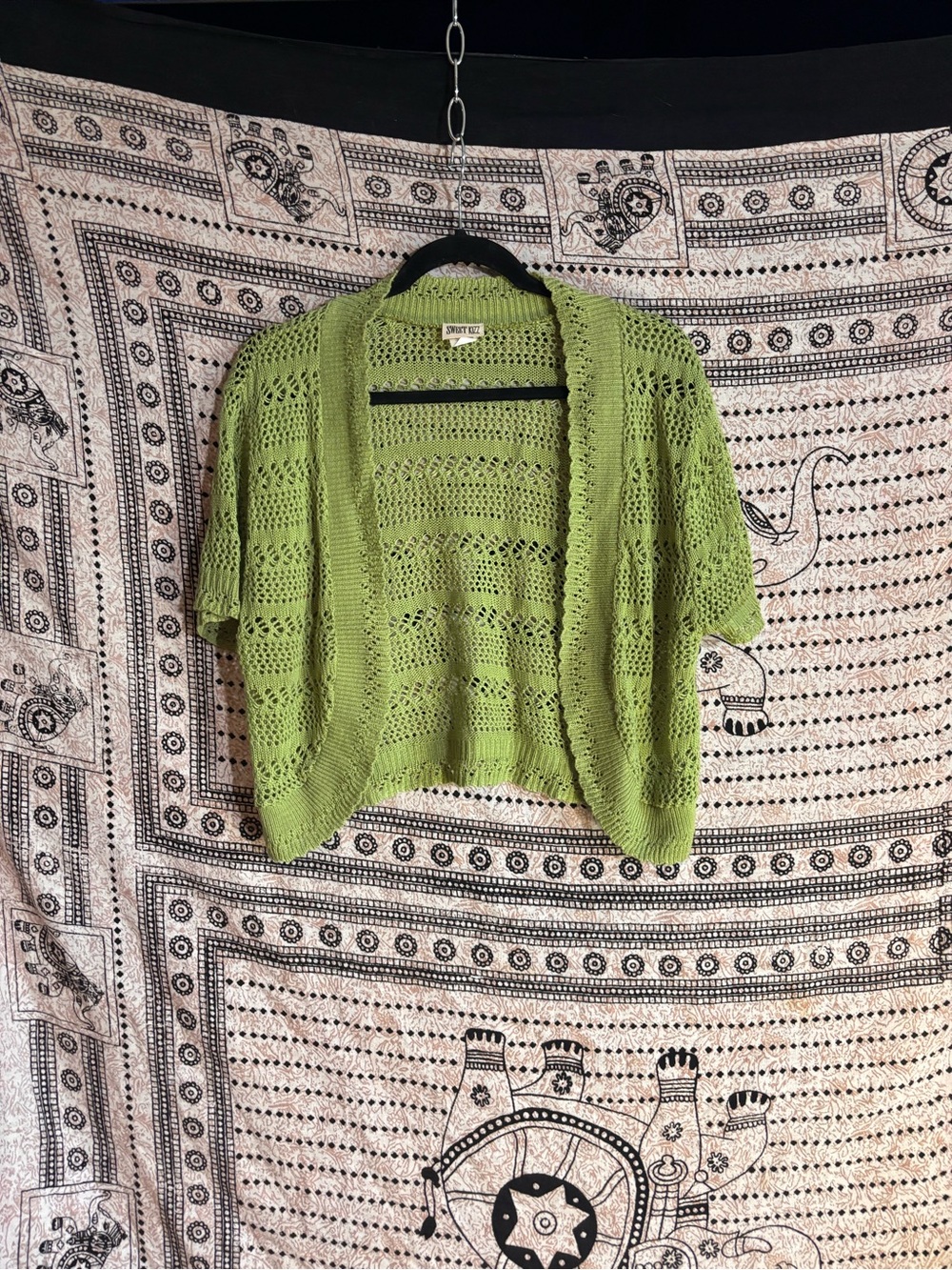 Sweet Kizz Bright Green open knit Cropped Summer Cardigan Size Xl